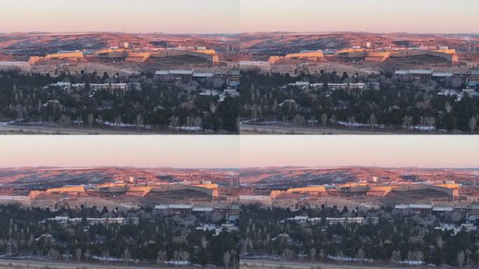 山西大同云冈石窟冬季晨光风景航拍