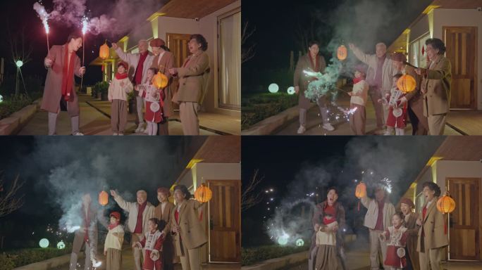 春节幸福一家人放烟花庆祝新年