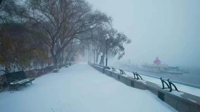 4K 哈尔滨下大雪了江沿雪景江边松花江