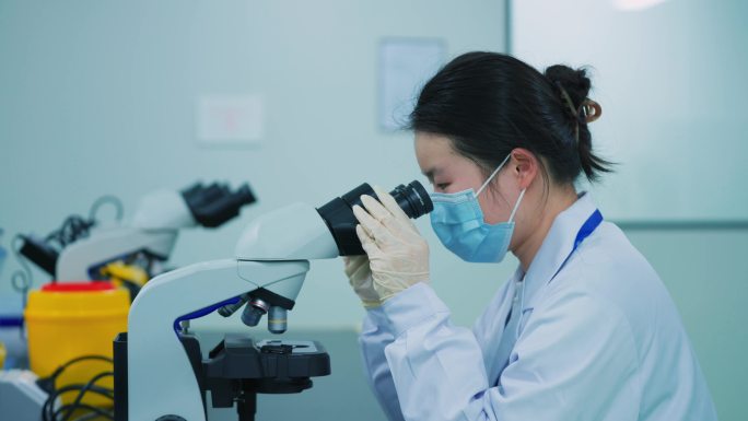 4K生物医药科研人员使用显微镜观察