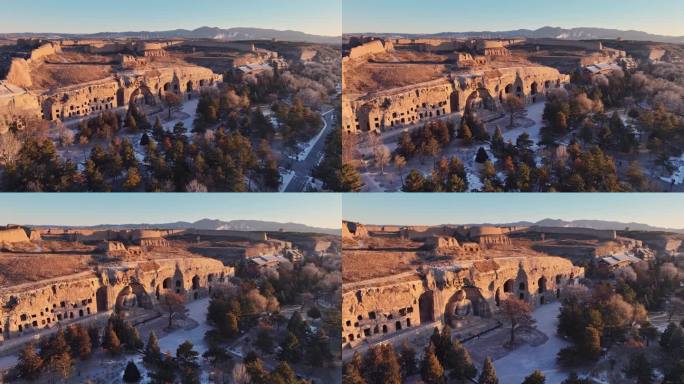 山西大同云冈石窟冬季晨光风景航拍