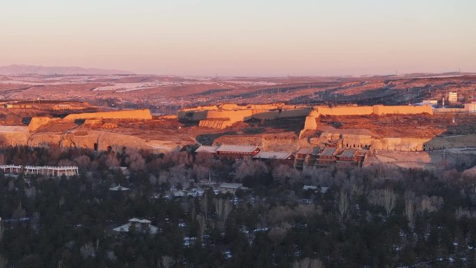 山西大同云冈石窟冬季晨光风景航拍