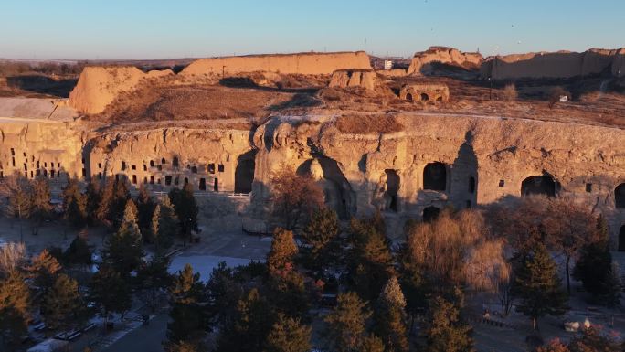 山西大同云冈石窟冬季晨光风景航拍