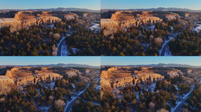 山西大同云冈石窟冬季晨光风景航拍