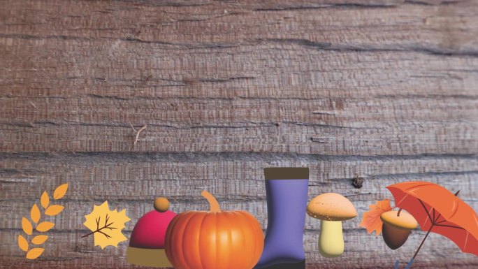 木纹纹理屏幕上的秋季元素设计的动态图形。