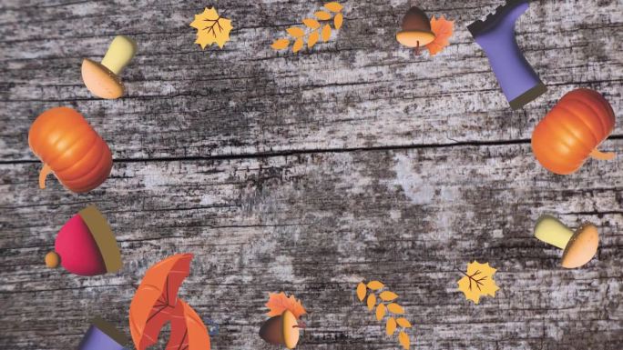 木纹纹理屏幕上的秋季元素设计的动态图形。