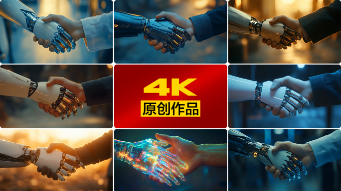 人类与机器人握手AI智能硅基生命机械手臂