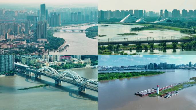 4K 航拍哈尔滨夏季江景城市全景高铁