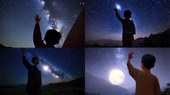 孩子仰望星空思念亲人探索宇宙航天梦星宿