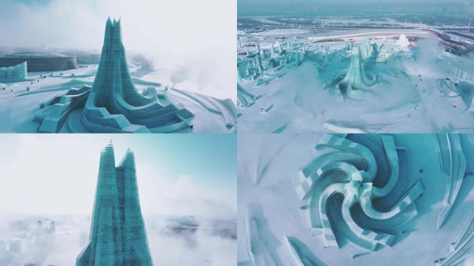 4K 哈尔滨大气航拍冰雪大世界建筑