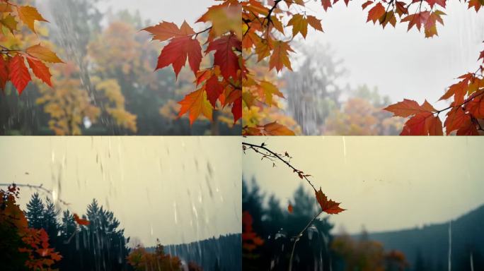 处暑 节气 秋天 下雨 唯美风景枫叶落叶