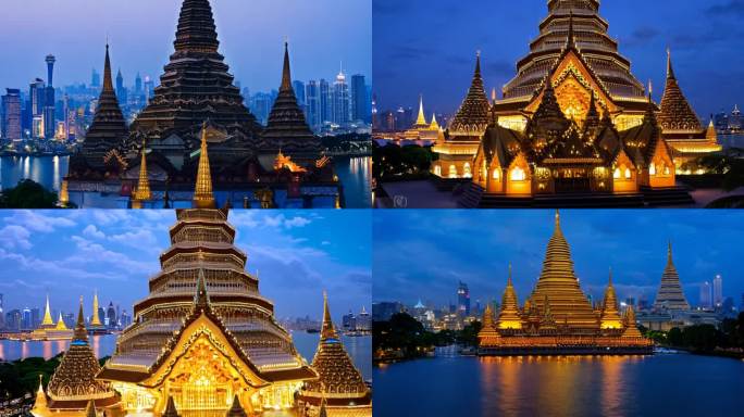 郑王庙夜景：辉煌灯光，曼谷河畔美景。