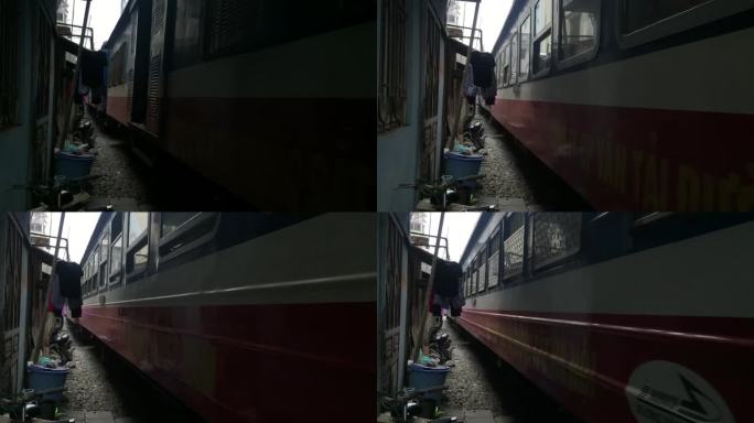 越南首都河内火车街小巷老式米轨火车驶过