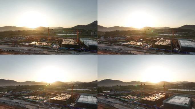 建筑工地航拍乡村建设农村开发吊塔日出工地