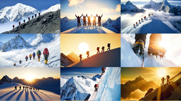 攀登雪山团队合作登山励志奋斗勇攀高峰登顶