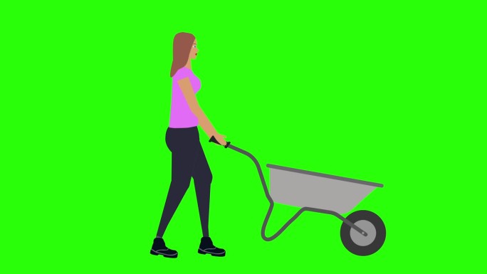 园艺女工在绿幕上推着手推车的卡通动画，循环播放。