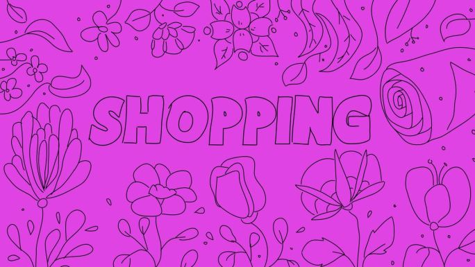 花卉草甸与购物文字。野花卡通动画。