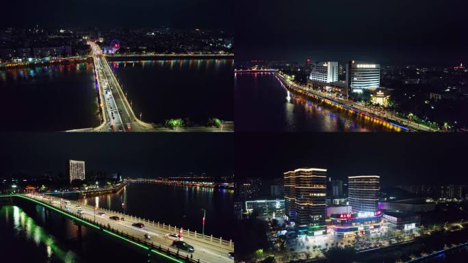 4K梅州夜景梅江河梅江桥梅江两岸全景