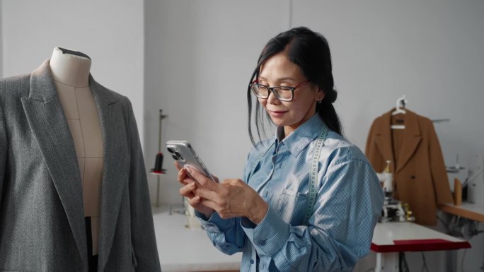 积极的亚洲女裁缝在工作室中手持智能手机的肖像。资深日本时装设计师在定制工作室中创作新的经典服装，女性