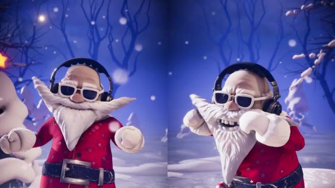 圣诞派对：搞笑的圣诞老人DJ在雪覆盖的冷杉树和包裹的礼物之间跳舞。适用于贺卡、节日邀请、庆祝活动和新