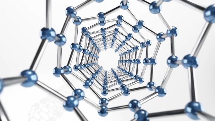 镜头在高倍显微镜下沿着纳米材料结构移动。3D动画。