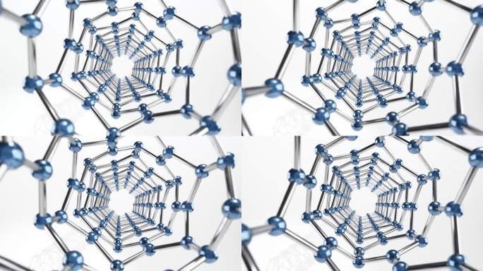 镜头在高倍显微镜下沿着纳米材料结构移动。3D动画。