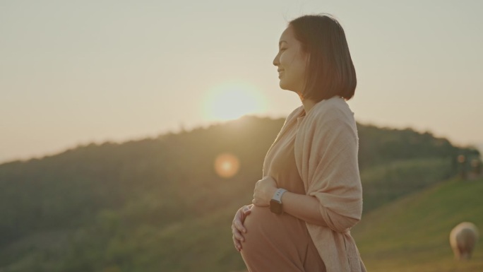 怀孕的女人轻柔地抚摸着她的肚子，阳光洒在身上。