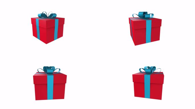 逼真的3D渲染红色礼品盒，配有蓝色丝带。