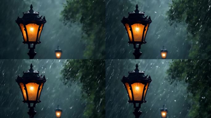 暴风暴雨下雨意境文艺概念空镜瓢泼大雨路灯