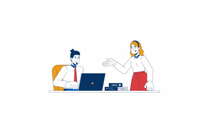 白人男性主管与女性实习生对话的二维角色动画