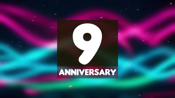 9周年生日庆祝，横向设计，背景为五彩斑斓的线条和方块，黄色背景。