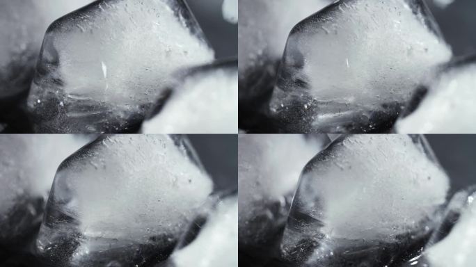 优雅旋转的宏观特写，黑色背景上的冰块。
