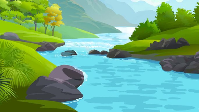 2D 动画卡通：壮观的河流和绿色平原背景，水面波动，动画鱼跃出水面。4K 分辨率。