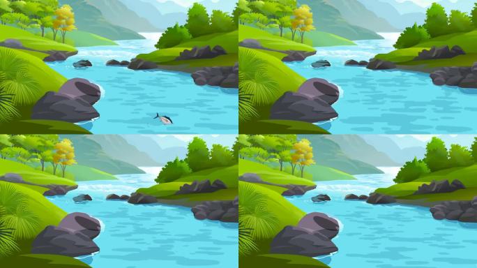 2D 动画卡通：壮观的河流和绿色平原背景，水面波动，动画鱼跃出水面。4K 分辨率。