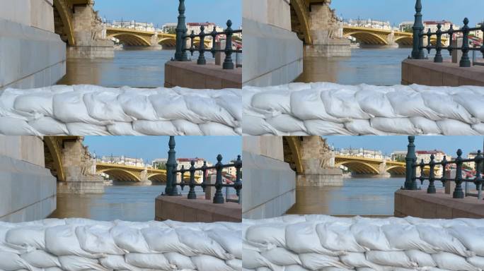 沙袋保护城市景观免受上涨的河水侵袭