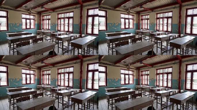 80年代老旧教室老旧历史课桌黑板教育发展