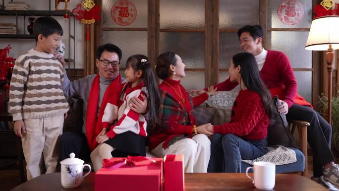 一家人春节过年回家团聚客厅欢笑