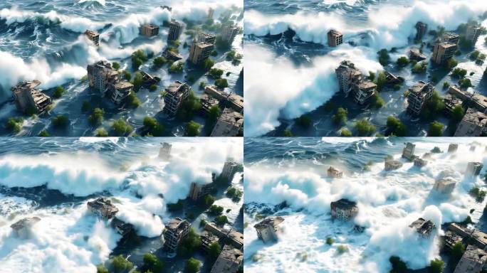 海啸海水涌入城市海水倒灌自然灾害世界末日