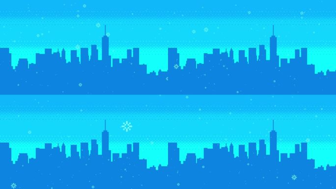 动画像素艺术冬季城市景观。雪花在城市轮廓的背景中飘落。