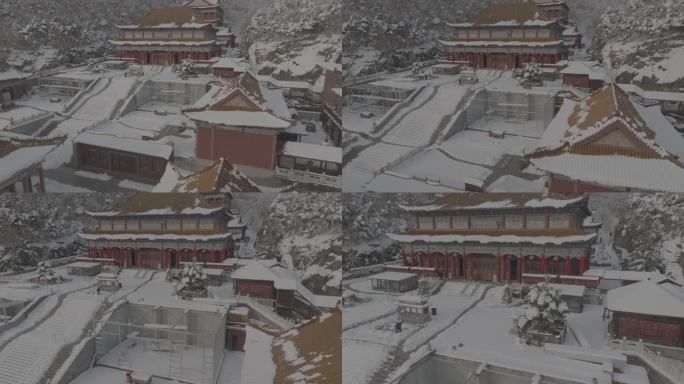 航拍威海里口山广福寺冬季雪后山野景观