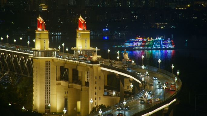 南京长江大桥夜景固定机位长江之恋游船