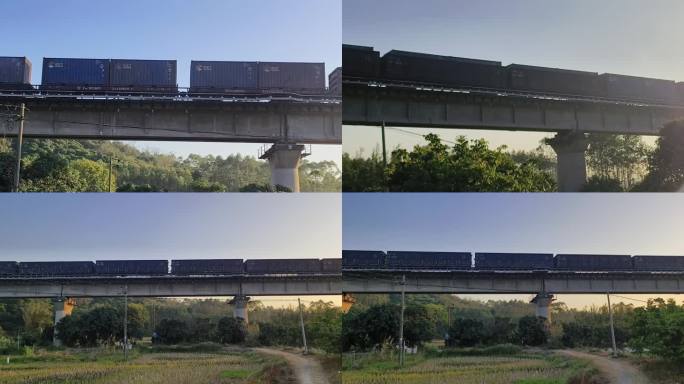 货物火车开过高架桥列车货车落日唯美铁路