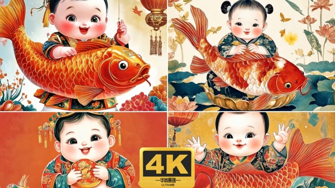 4k喜庆年画娃娃怀抱锦鲤
