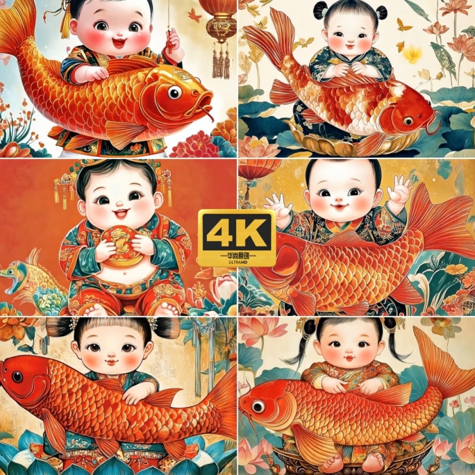 4k喜庆年画娃娃怀抱锦鲤