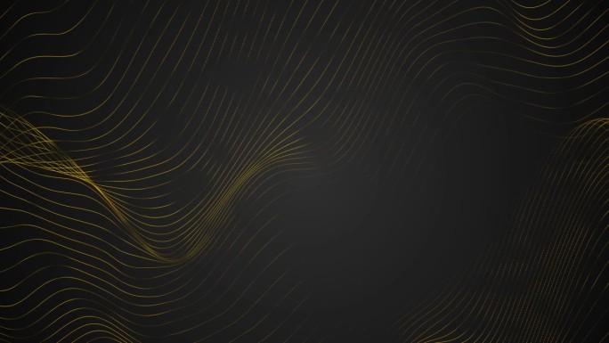 金色奢华波浪与抽象线条元素，闪烁粒子在黑色背景上。