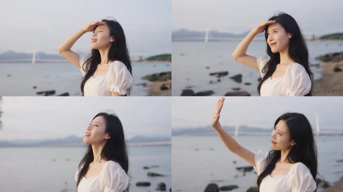美女 黄昏 海边 散步 休闲 逆光 浪漫