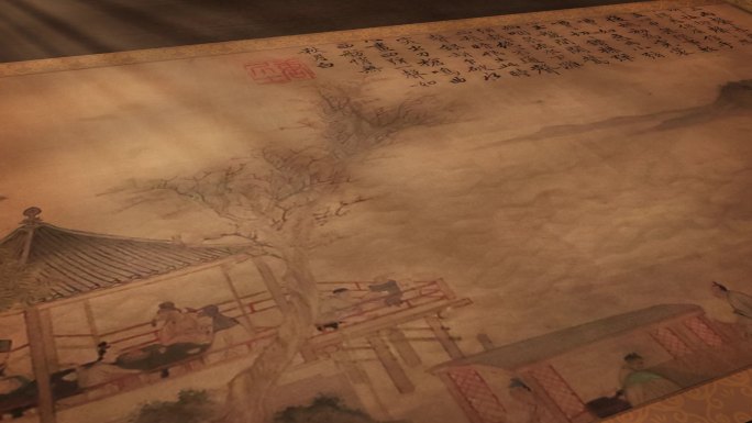 卷轴缓缓打开展示书画