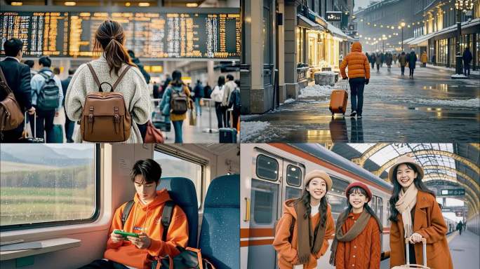 春运火车站人群回乡穿梭于街道车站开心