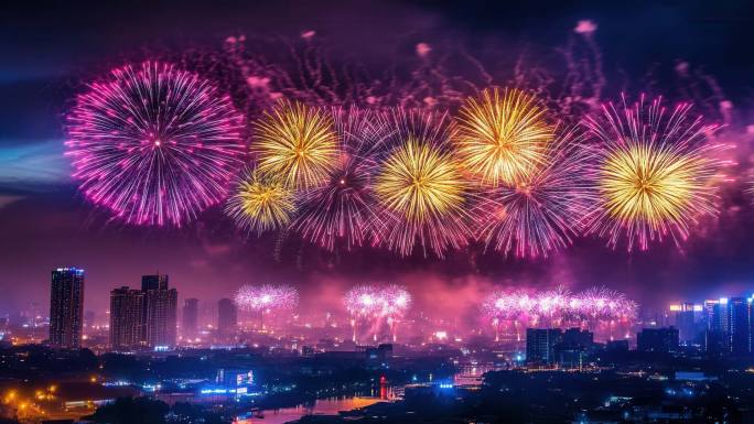 8K新年烟花城市小区烟花烟花升格蛇年元旦