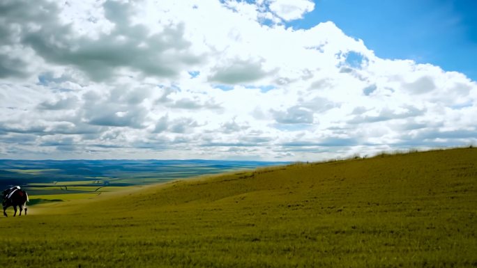 牧场骏马 草原辽阔 蓝天白云映衬